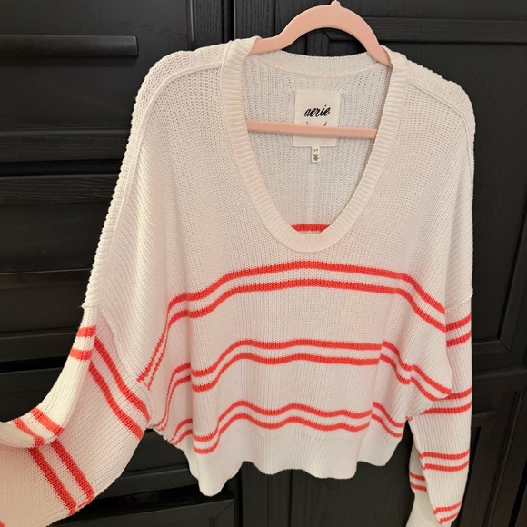 Aerie Women's White and Coral Striped Sweater - Picture 4 of 6